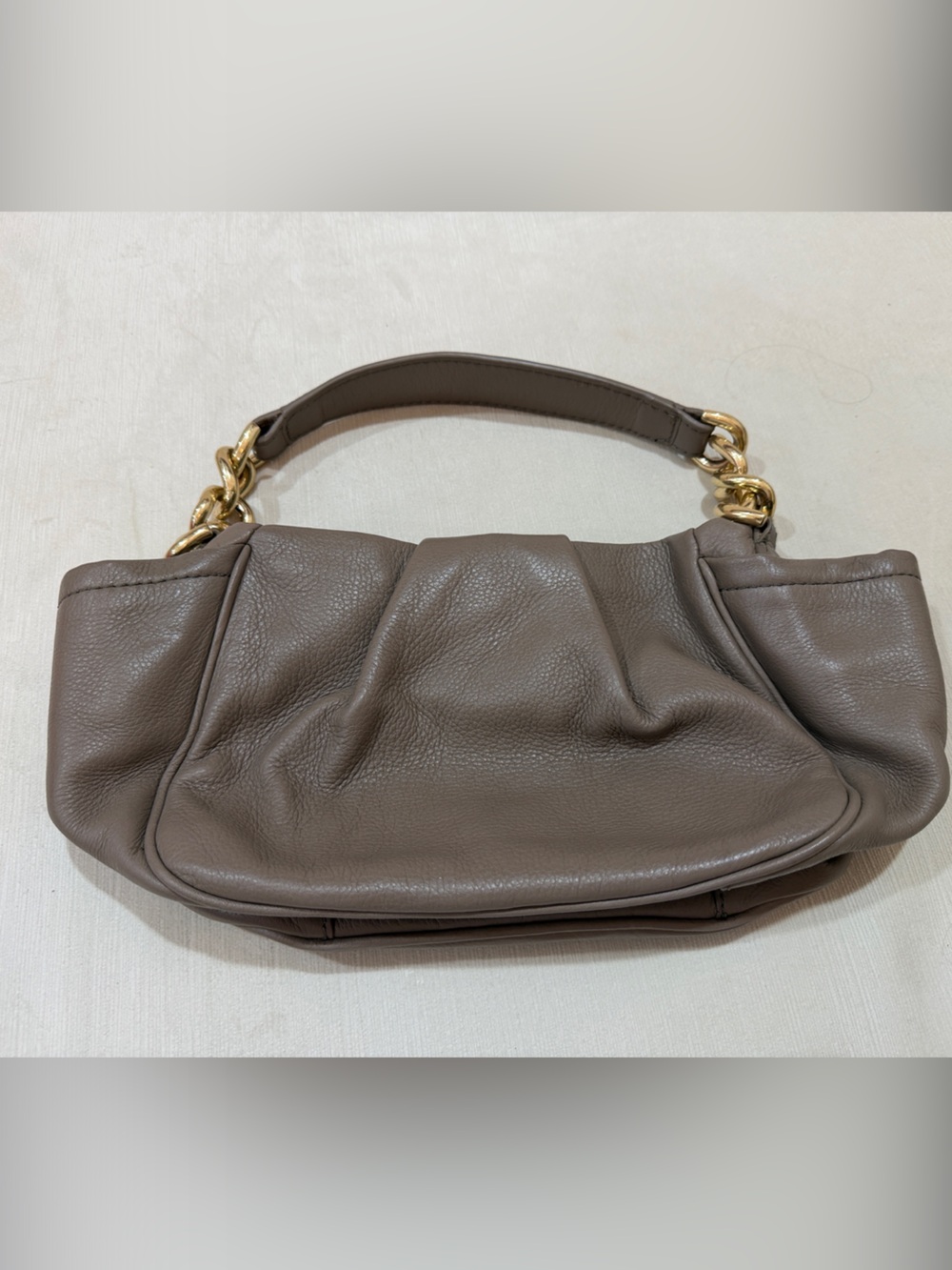 Taupe Leather Shoulder Bag with Gold Chain Accent